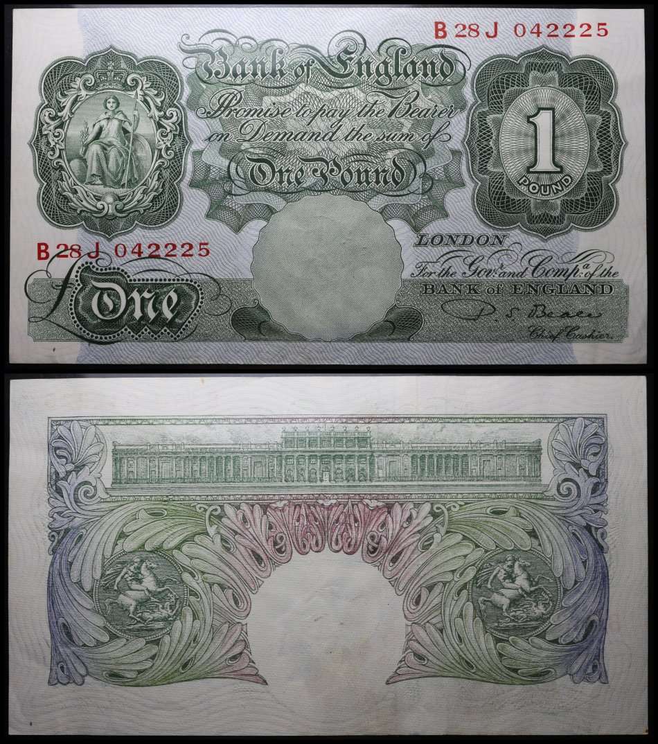 ENGLAND BANK NOTE : ONE POUND : GREEN : P.S. Beale (1949 - 1955) AUNC Note. as per Photo.