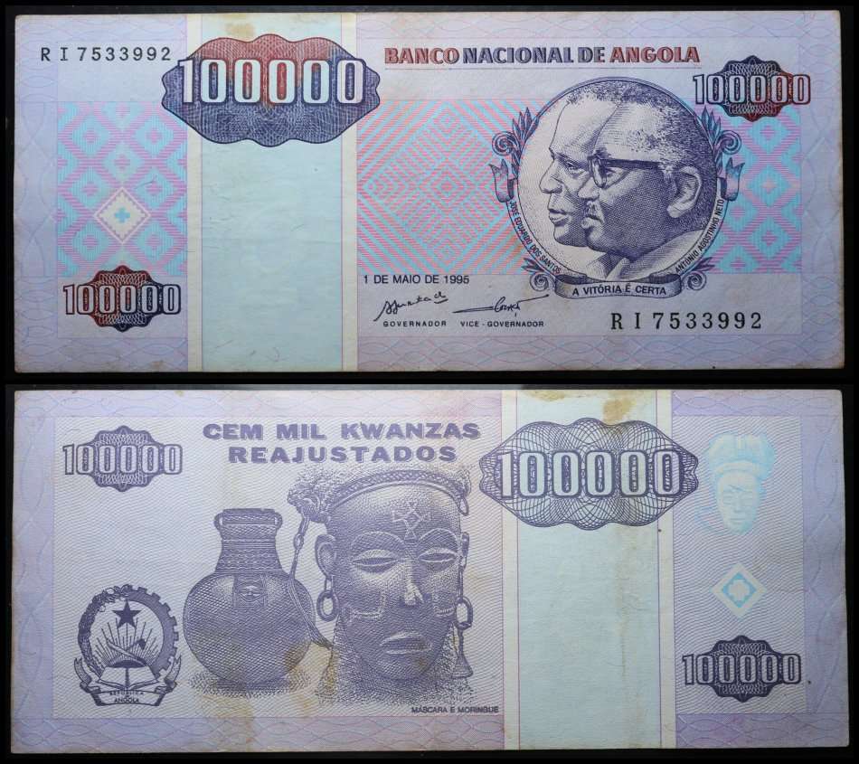 ANGOLA BANK NOTE: 100.000 KWANZAS : (1 de MAIO de 1995) Circulated Note, as per Photo.
