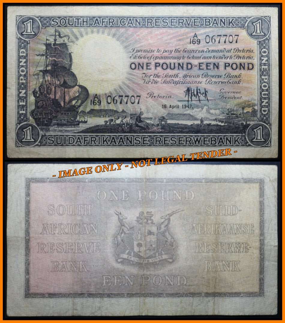 1947 : S. A. Bank Note : ONE POUND - EEN POND - 16  APRIL  1947  -  MH de KOCK (FIRST ISSUE).