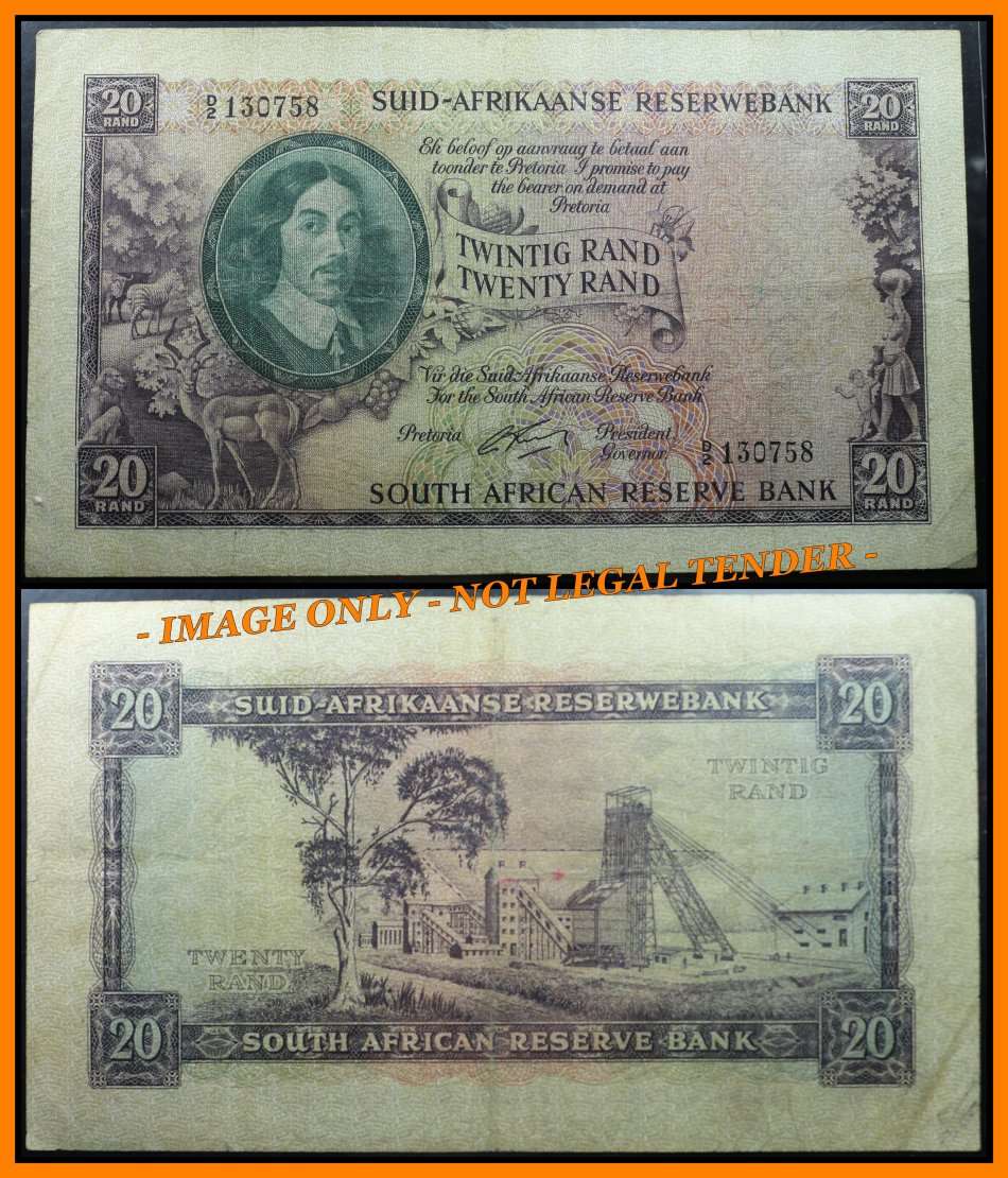 1962  S. A. Bank Note : TWINTIG  RAND / TWENTY RAND  : G. RISSIK : (ONLY ISSUE)