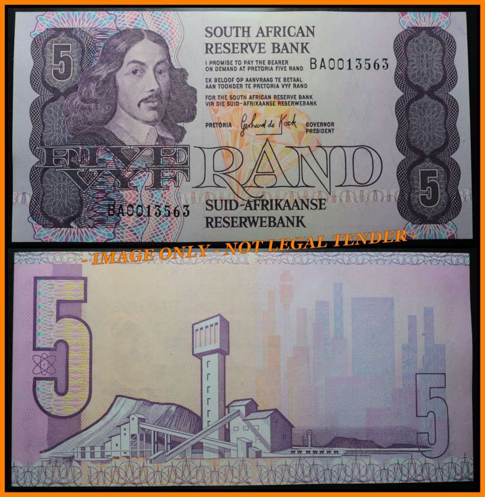 1989 S. A. Bank Note : FIVE RAND / VYF RAND : GPC de KOCK :  (THIRD ISSUE 1989).