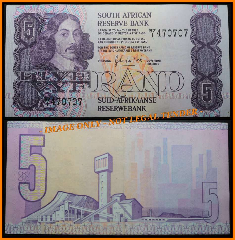 1984 S. A. Bank Note : FIVE RAND / VYF RAND : GPC de KOCK :  (THIRD ISSUE 1984).