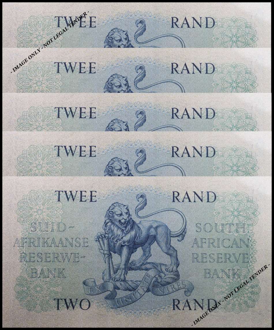 S. A. Bank Note : TWEE RAND / TWO RAND  : G. RISSIK : UNC RARE CONS. NUMBERS 217 TO 221 High Grade.