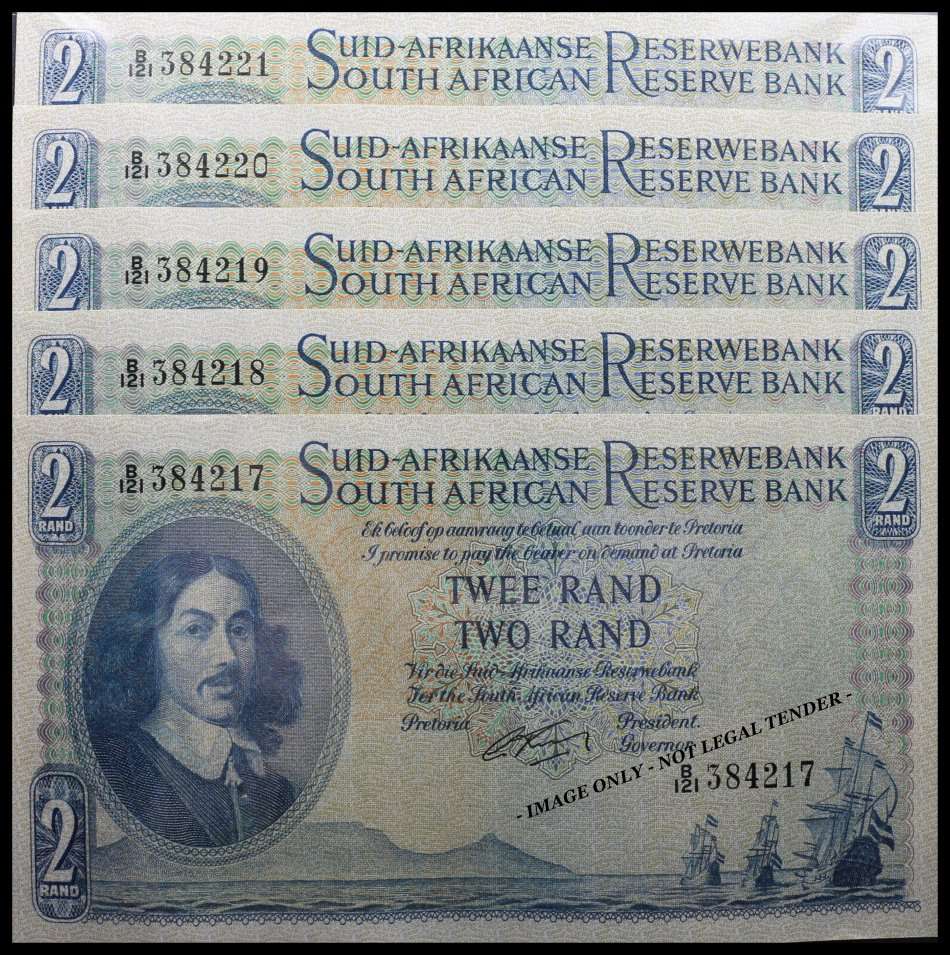 S. A. Bank Note : TWEE RAND / TWO RAND  : G. RISSIK : UNC RARE CONS. NUMBERS 217 TO 221 High Grade.