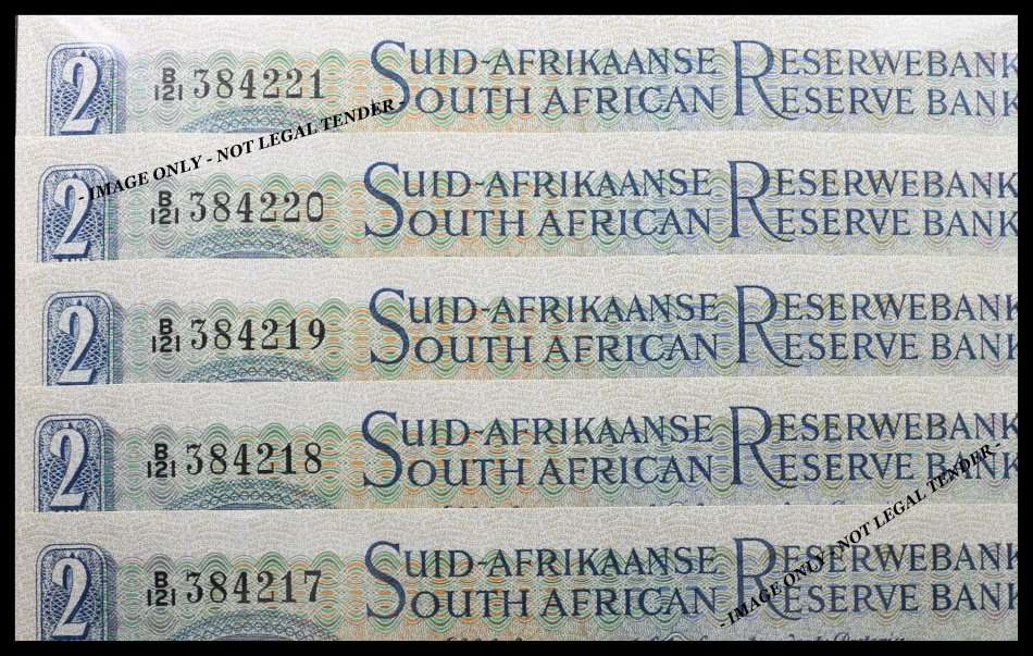 S. A. Bank Note : TWEE RAND / TWO RAND  : G. RISSIK : UNC RARE CONS. NUMBERS 217 TO 221 High Grade.