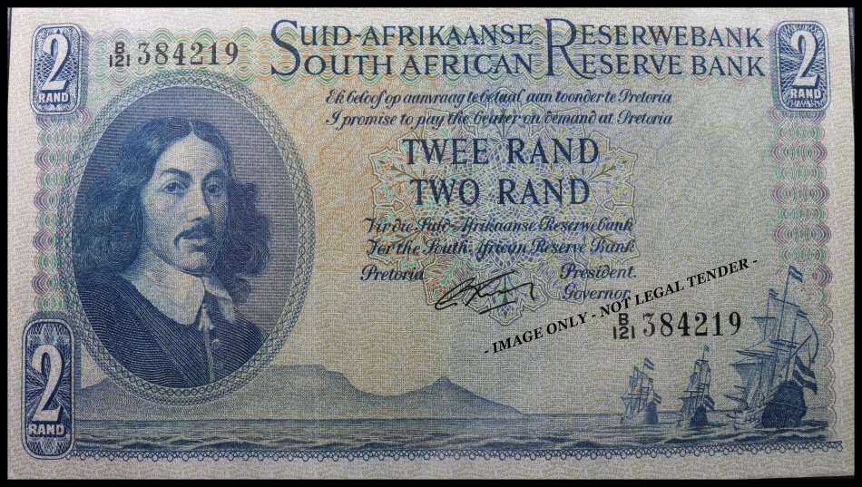 S. A. Bank Note : TWEE RAND / TWO RAND  : G. RISSIK : UNC RARE CONS. NUMBERS 217 TO 221 High Grade.