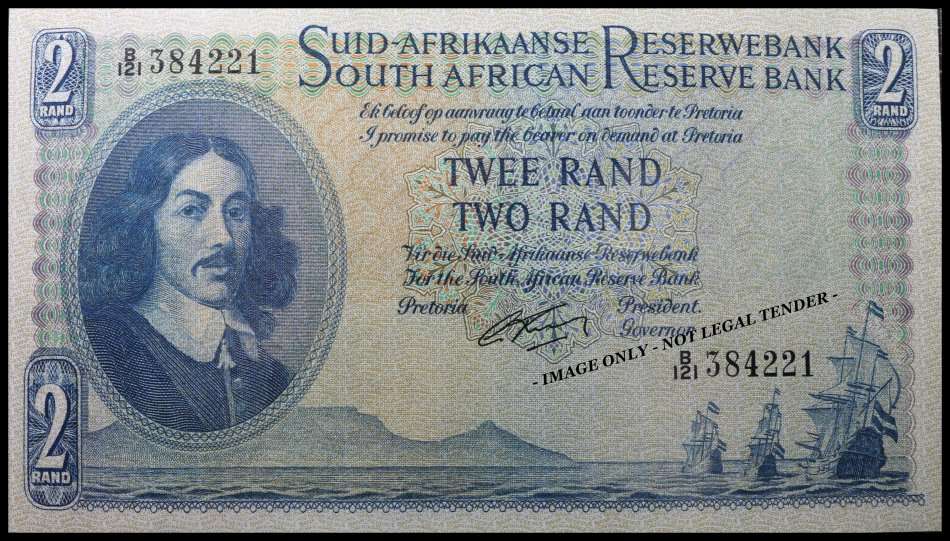 S. A. Bank Note : TWEE RAND / TWO RAND  : G. RISSIK : UNC RARE CONS. NUMBERS 217 TO 221 High Grade.