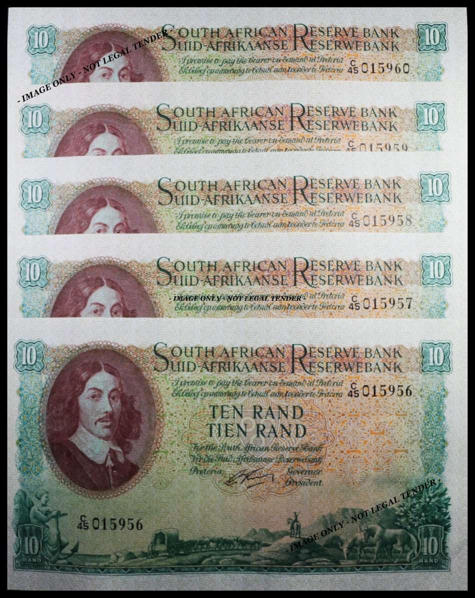 S. A. Bank Note : TEN RAND / TIEN RAND  : G. RISSIK : UNC RARE CONS. NUMBERS 956 TO 960 High Grade