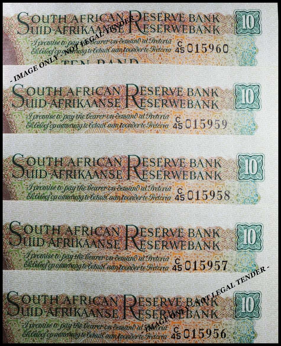 S. A. Bank Note : TEN RAND / TIEN RAND  : G. RISSIK : UNC RARE CONS. NUMBERS 956 TO 960 High Grade