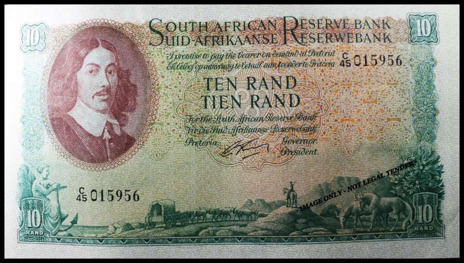 S. A. Bank Note : TEN RAND / TIEN RAND  : G. RISSIK : UNC RARE CONS. NUMBERS 956 TO 960 High Grade