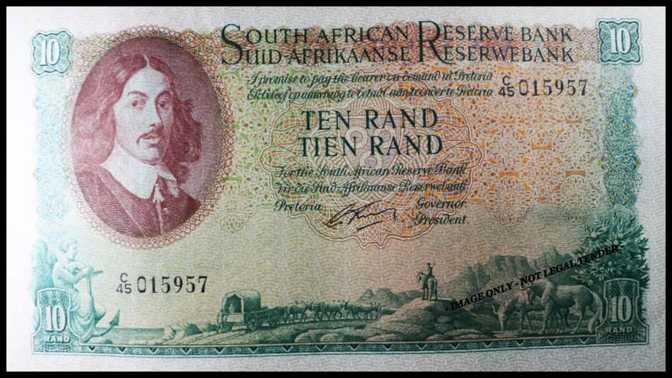S. A. Bank Note : TEN RAND / TIEN RAND  : G. RISSIK : UNC RARE CONS. NUMBERS 956 TO 960 High Grade