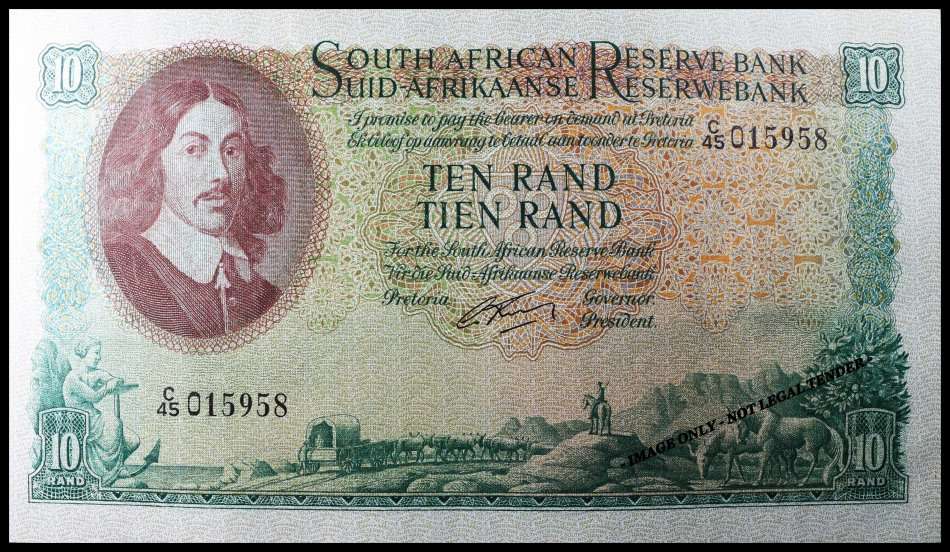 S. A. Bank Note : TEN RAND / TIEN RAND  : G. RISSIK : UNC RARE CONS. NUMBERS 956 TO 960 High Grade