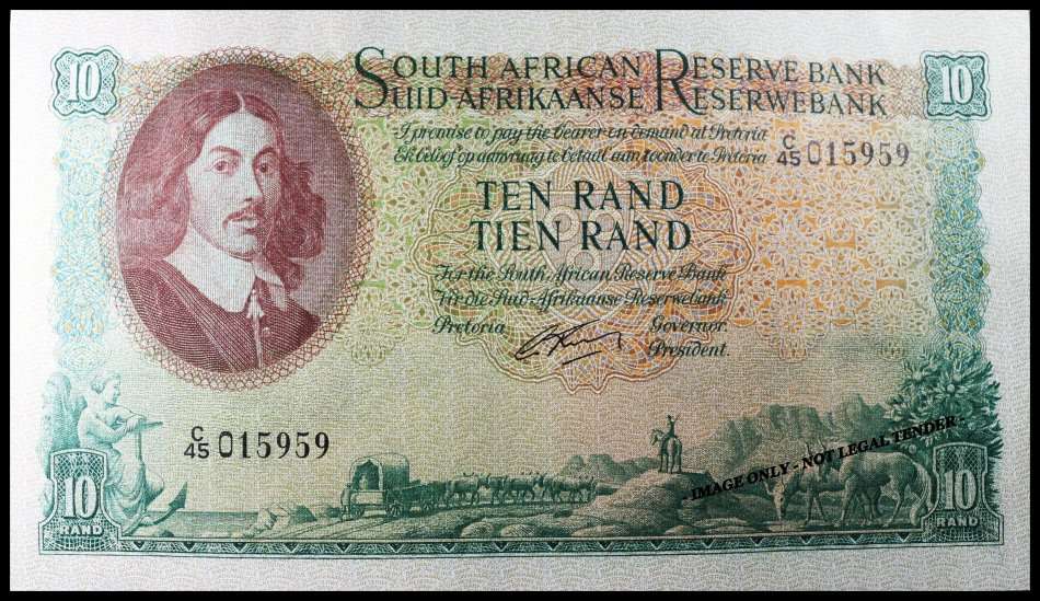 S. A. Bank Note : TEN RAND / TIEN RAND  : G. RISSIK : UNC RARE CONS. NUMBERS 956 TO 960 High Grade