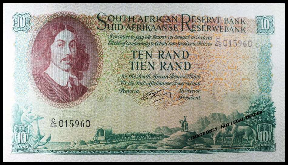 S. A. Bank Note : TEN RAND / TIEN RAND  : G. RISSIK : UNC RARE CONS. NUMBERS 956 TO 960 High Grade