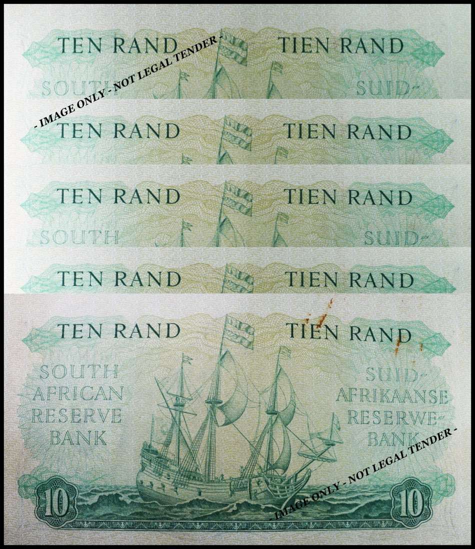 S. A. Bank Note : TEN RAND / TIEN RAND  : G. RISSIK : UNC RARE CONS. NUMBERS 956 TO 960 High Grade