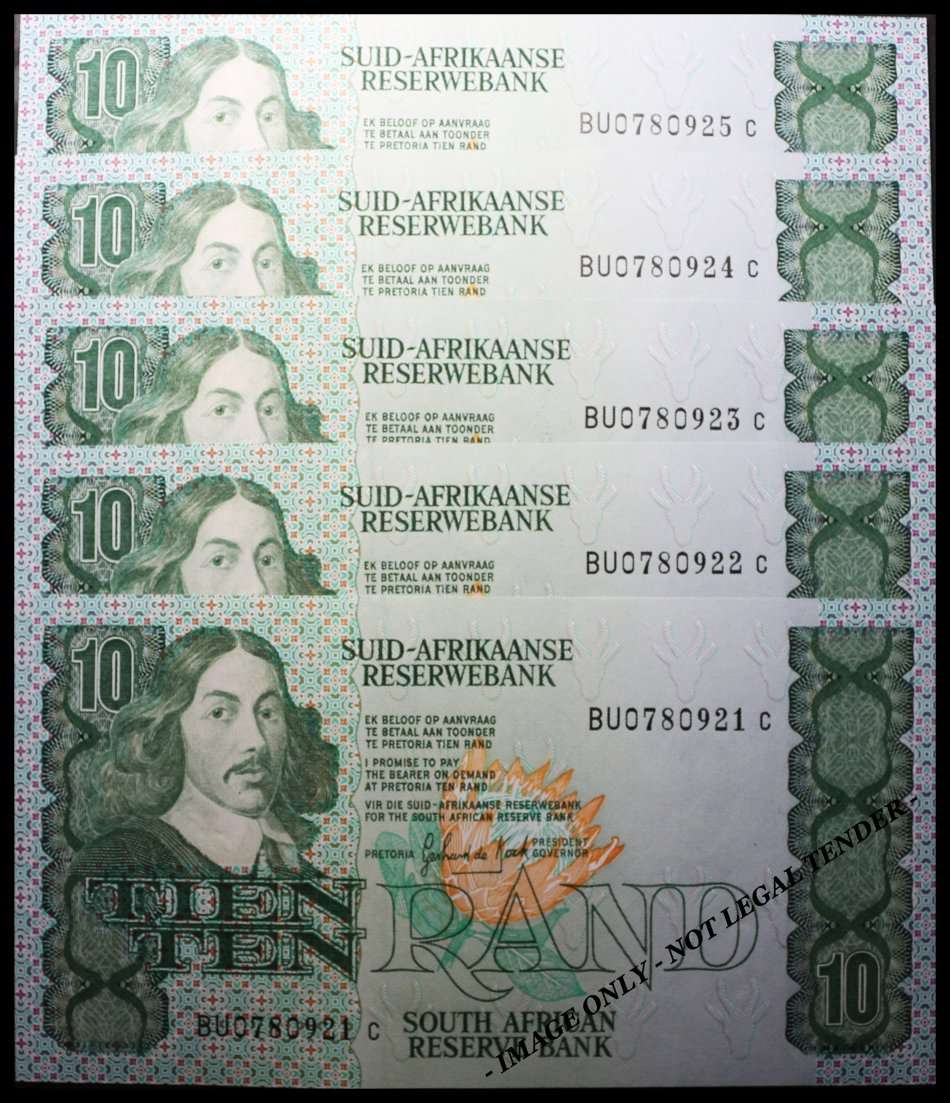 S. A. Bank Note : TIEN / TEN RAND  : GPC de KOCK : UNC NOTES CONSC. Nº 921 to 925 High Conditions.