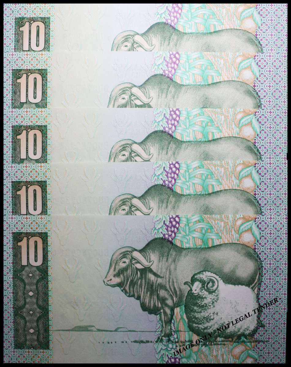 S. A. Bank Note : TIEN / TEN RAND  : GPC de KOCK : UNC NOTES CONSC. Nº 921 to 925 High Conditions.