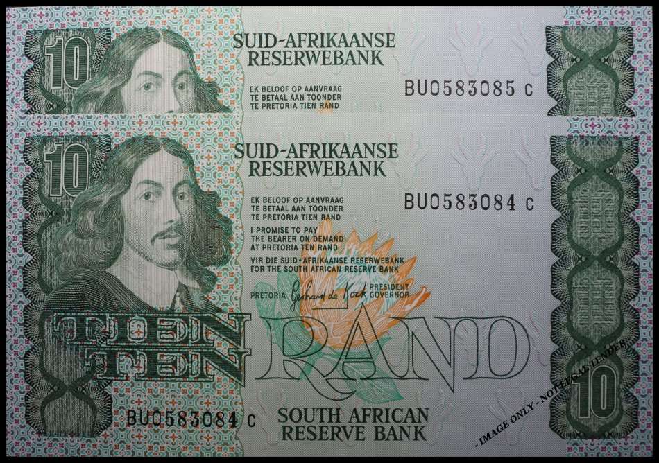 S. A. Bank Note : TIEN / TEN RAND  : GPC de KOCK : UNC NOTES CONSC. Nº 084 to 085 High Conditions.