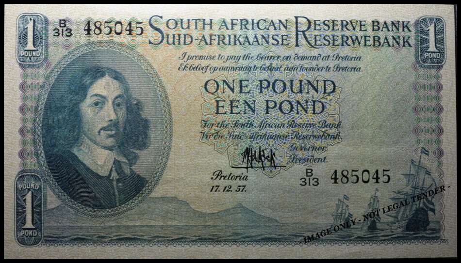 S. A. Bank Note : ONE POUND  / EEN POND : 17.12.57. : MH de KOCK : Note in UNC Conditions.