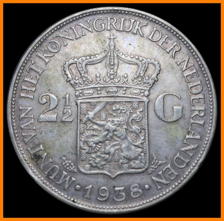 1938 : Netherlands : 2-1/2 Gulden : Circulated Coin, as per Photo.