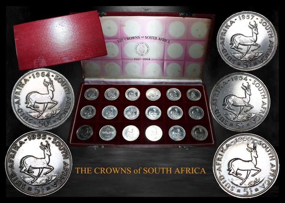 Union of S.A. : A full set box of circulated and polished Union Crowns 1947 - 1964. as per Photo.
