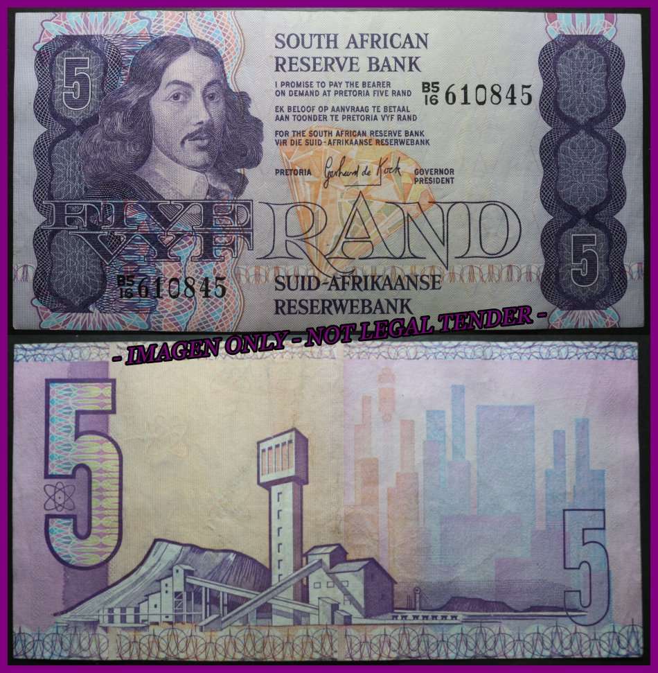 1984 S. A. Bank Note : FIVE RAND / VYF RAND : GPC de KOCK :  (THIRD ISSUE 1984).