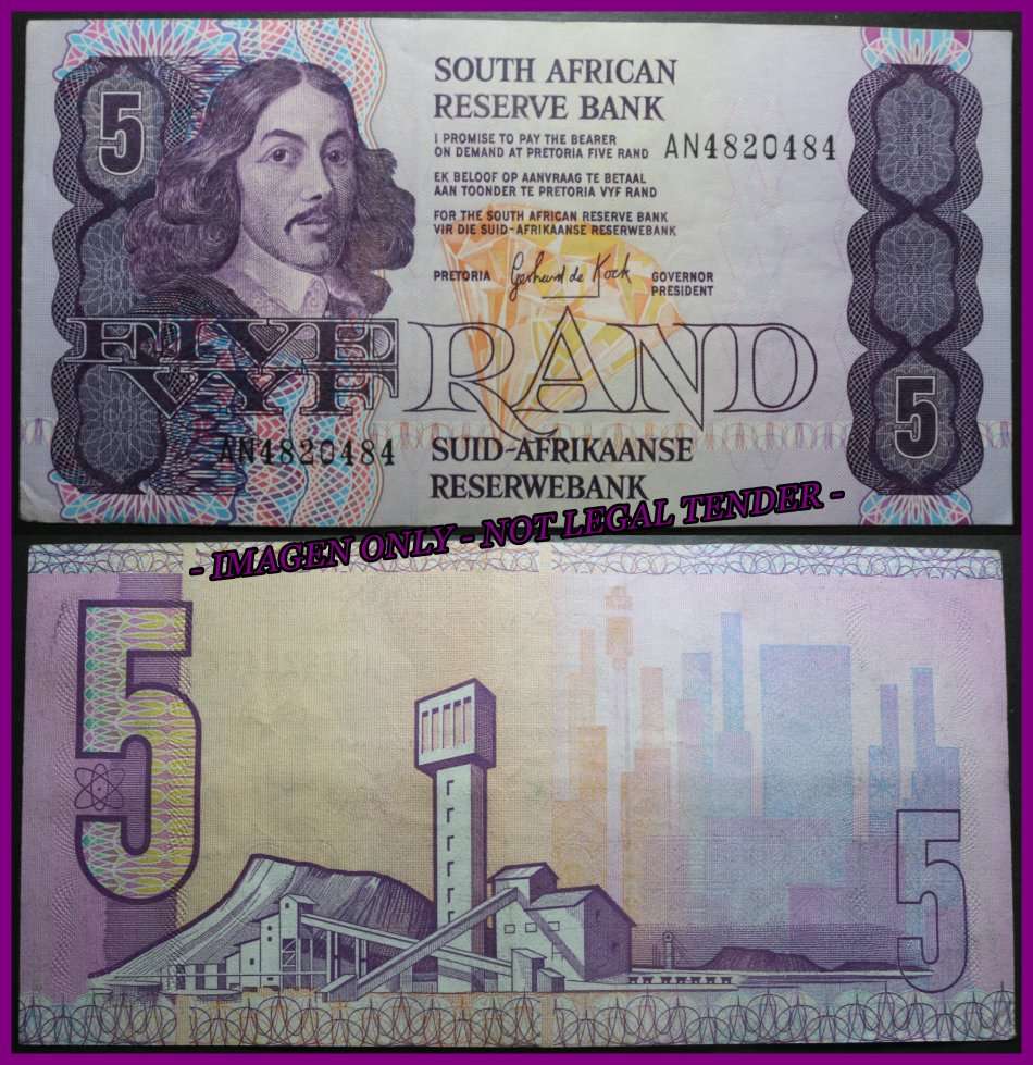 1989 S. A. Bank Note : FIVE RAND / VYF RAND : GPC de KOCK :  (THIRD ISSUE 1989).