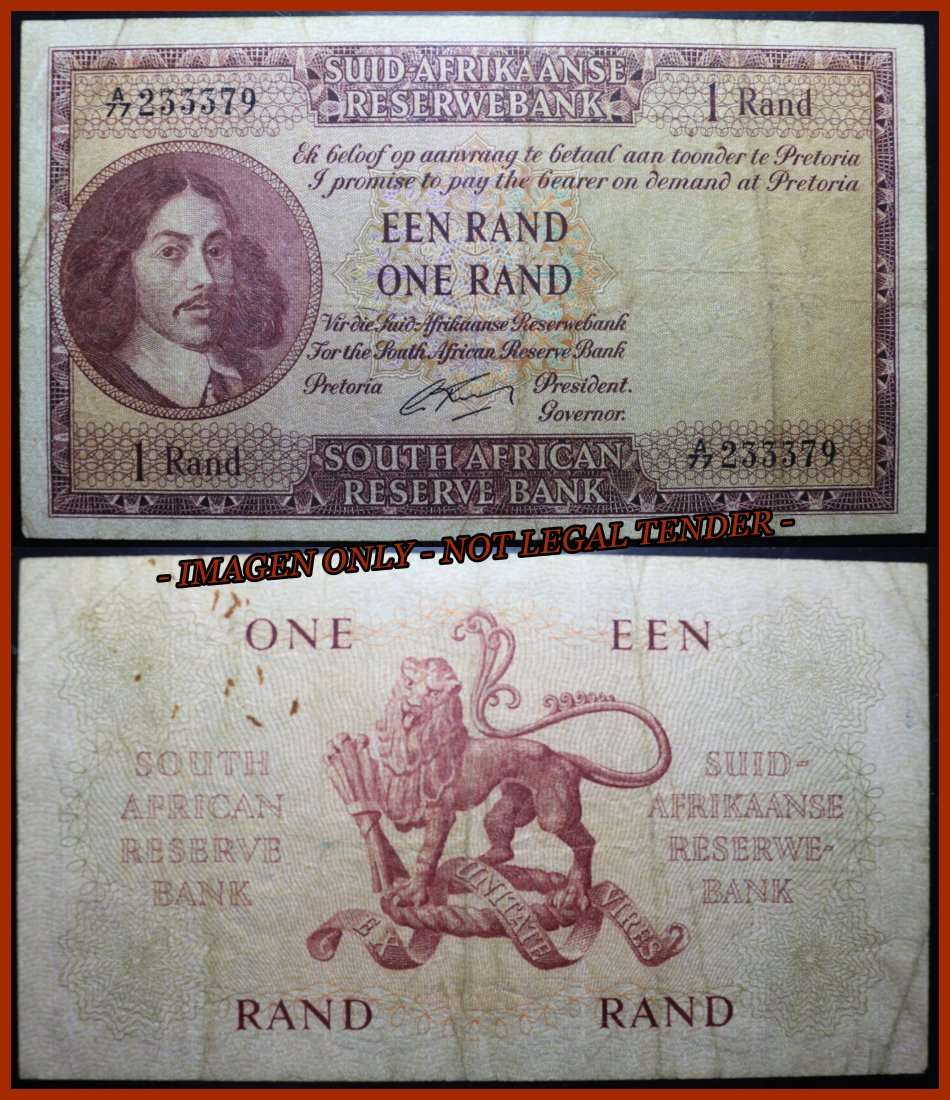 S. A. Bank Note :  EEN RAND - ONE RAND - G. RISSIK -  Circulated Note. as per Photo.