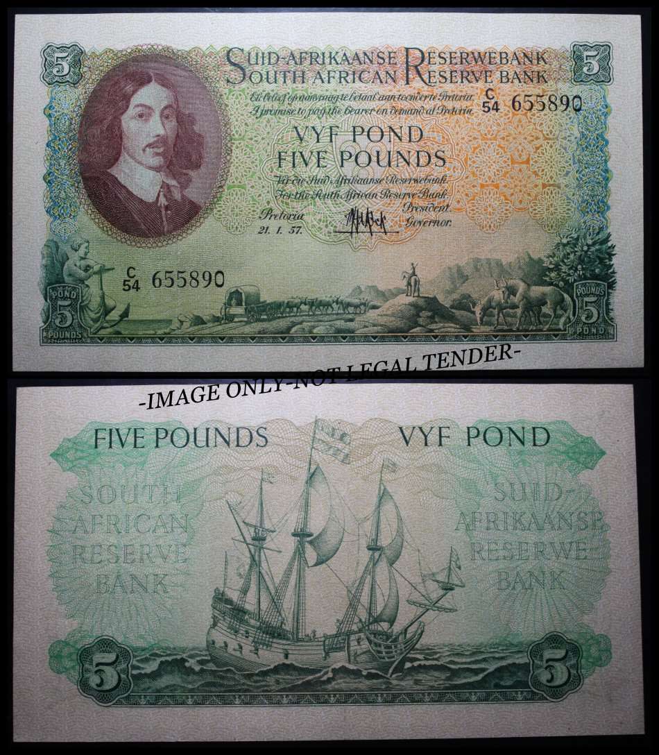 1957: S. A. Bank Note :  VYF POND / FIVE POUNDS  : (21 - 1 - 57) : M.H. de KOCK. as per Photo.
