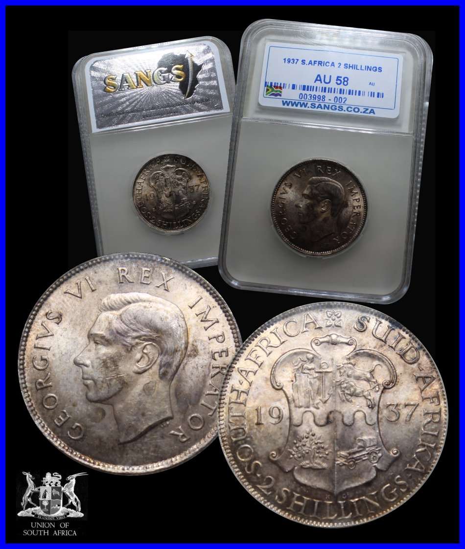 1937 Union of S.A. : 2 SHILLINGS :  Excellent Coin in Grade AU58 SANGS. as per Photo.