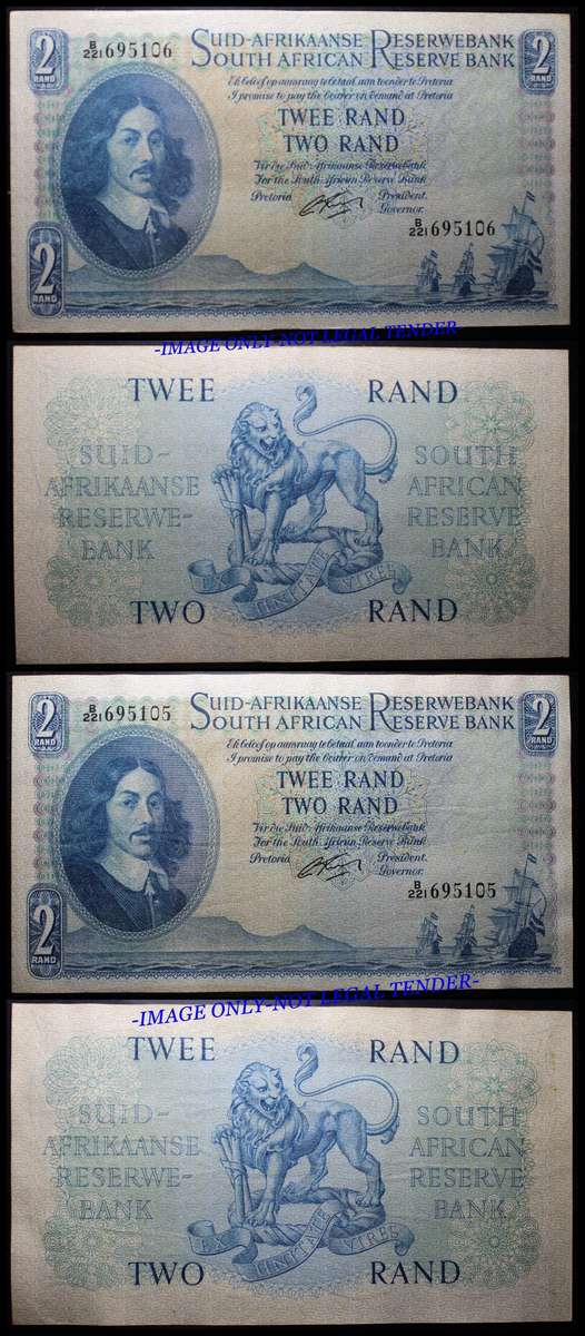 S. A. Bank Note :  TWEE RAND/TWO RAND : RARE  SECUENTIAL NUMBERS 695105/695106 : G. RISSIK .