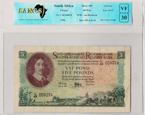 1956 Union of S.A. : VYF POND/FIVE POUNDS : 23. 5. 56. : MH de Kock : as per Scann.