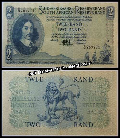 1961 S. A. Bank Note : TWEE RAND / TWO RAND : M.H. de KOCK : (FOURT  and ONLY ISSUE).  As per Photo.