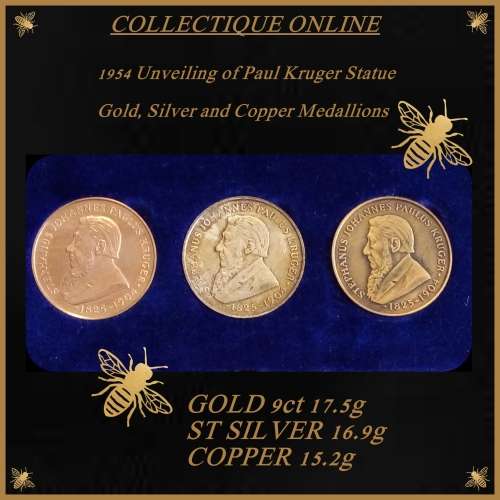 1954 Gold, Silver and Copper Medallions : Unveiling of the Paul Kruger Statue. DESCRIP. BELOW.