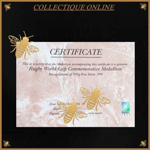1995 R.S.A. : RUGBY WORLD CUP  COMMEMORATIVE  MEDALLION  WITH CERTIFICATE. As per Photo.
