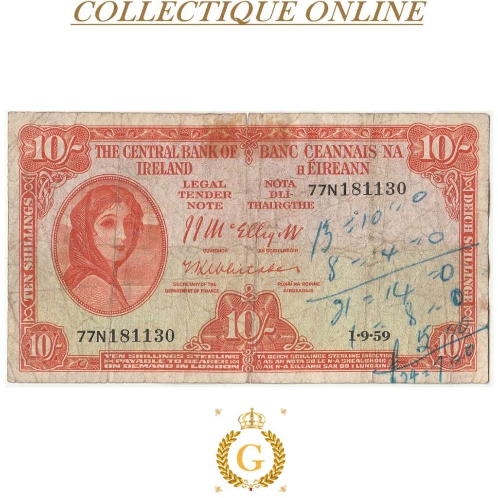THE CENTRAL BANK OF IRELAND : 10 SHILLINGS : DATE : 1. 9. 59. . As per Photo.