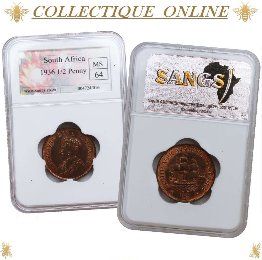 1936 : UNION S. A. : HALF PENNY : COIN IN MS 64  : Low Minted 406.652 : GRADED by S.A.N.G.S.