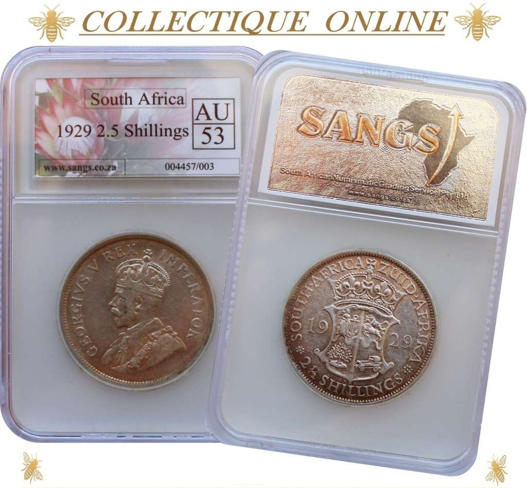 1929 : UNION S. A. : HALF CROWN : COIN IN AU 53 : ONLY Minted 616.548 : GRADED by S.A.N.G.S.