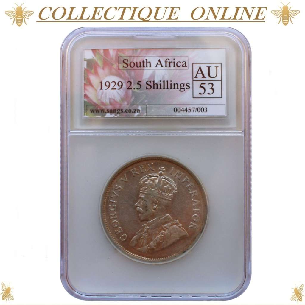 1929 : UNION S. A. : HALF CROWN : COIN IN AU 53 : ONLY Minted 616.548 : GRADED by S.A.N.G.S.