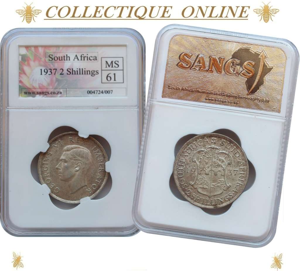 1937 : UNION S. A. : TWO SHILLINGS : COIN IN MS 61 :  Minted 1.494.898 : GRADED by S.A.N.G.S.