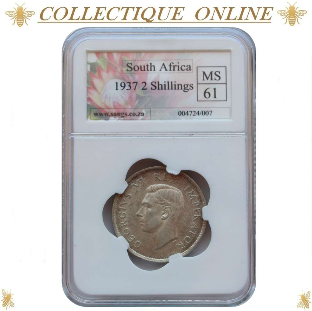 1937 : UNION S. A. : TWO SHILLINGS : COIN IN MS 61 :  Minted 1.494.898 : GRADED by S.A.N.G.S.