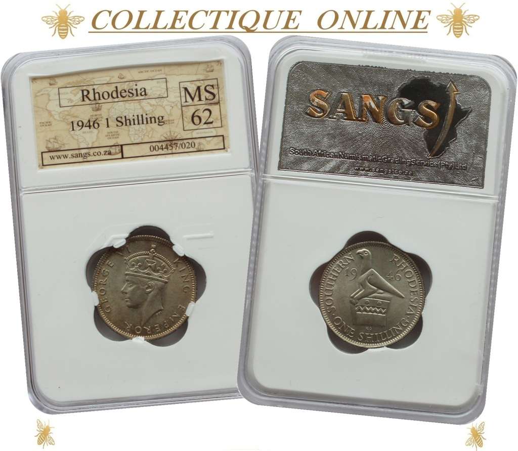 1946 : SOUTHERN RHODESIA : SHILING : COIN IN MS 62  :  Minted  1,800,000 : GRADED by S.A.N.G.S.