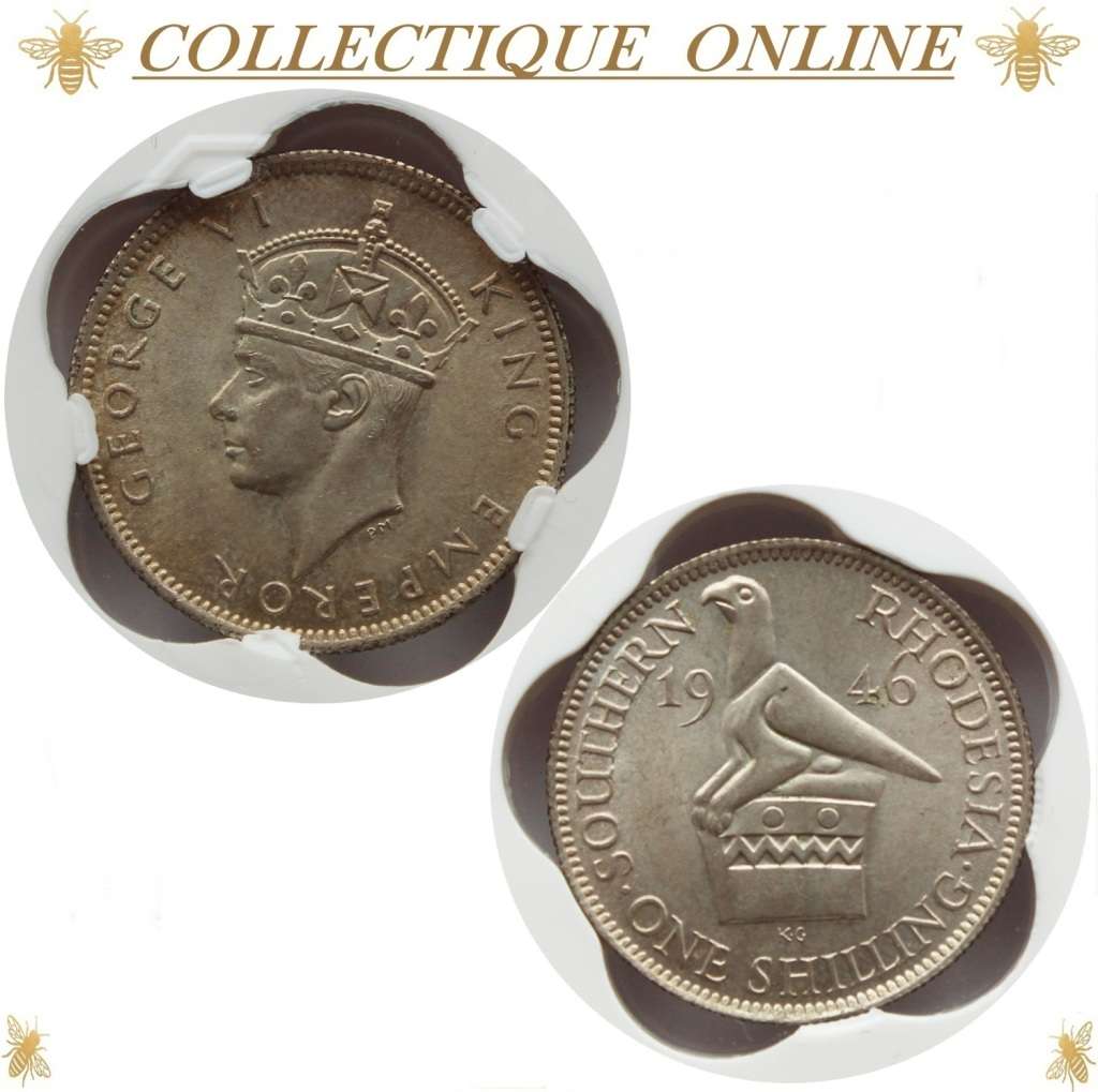 1946 : SOUTHERN RHODESIA : SHILING : COIN IN MS 62  :  Minted  1,800,000 : GRADED by S.A.N.G.S.