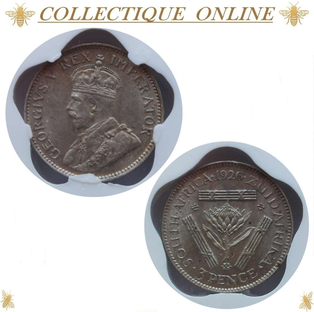 1926 : UNION of S. A. : THREEPENCE :  in AU 58 : GRADED by S.A.N.G.S.  :  Minted 1.572.059