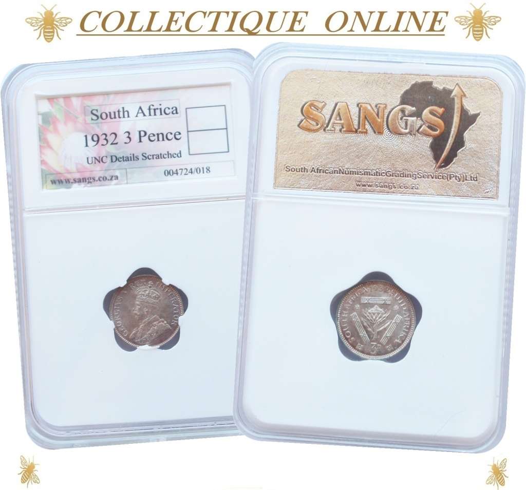 1932 : UNION S. A. : THREE PENCE : UNC DETAILS SCRATCHED : Minted 2.621.962 : GRADED by S.A.N.G.S.