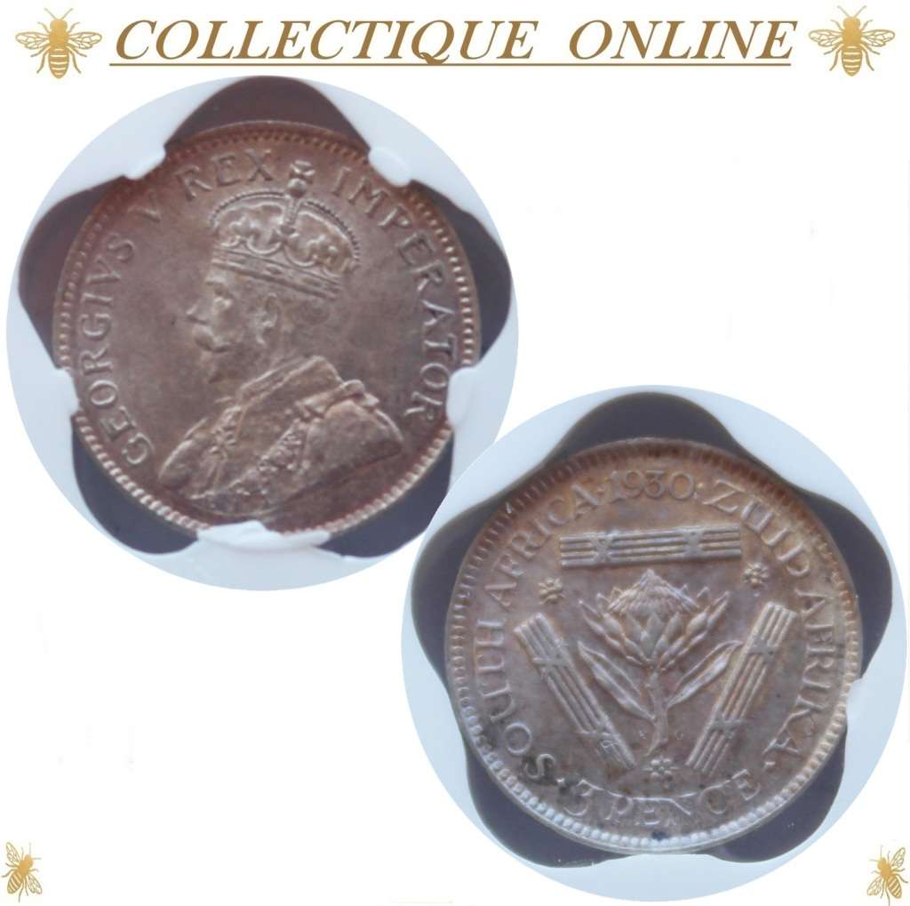 1932 : UNION S. A. : THREE PENCE : UNC DETAILS SCRATCHED : Minted 2.621.962 : GRADED by S.A.N.G.S.