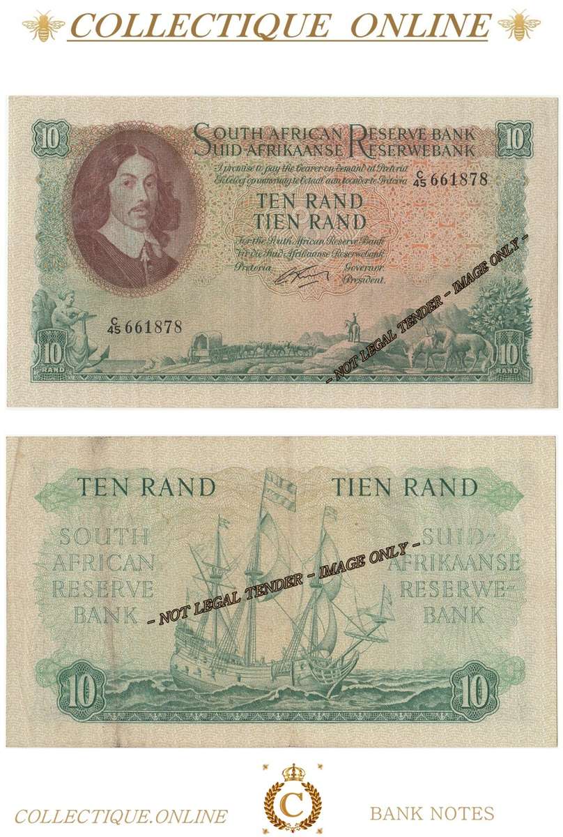 S. A. Bank Note : TEN RAND/TIEN RAND :  G. RISSIK : DATE 1962 : FIRST ISSUE.