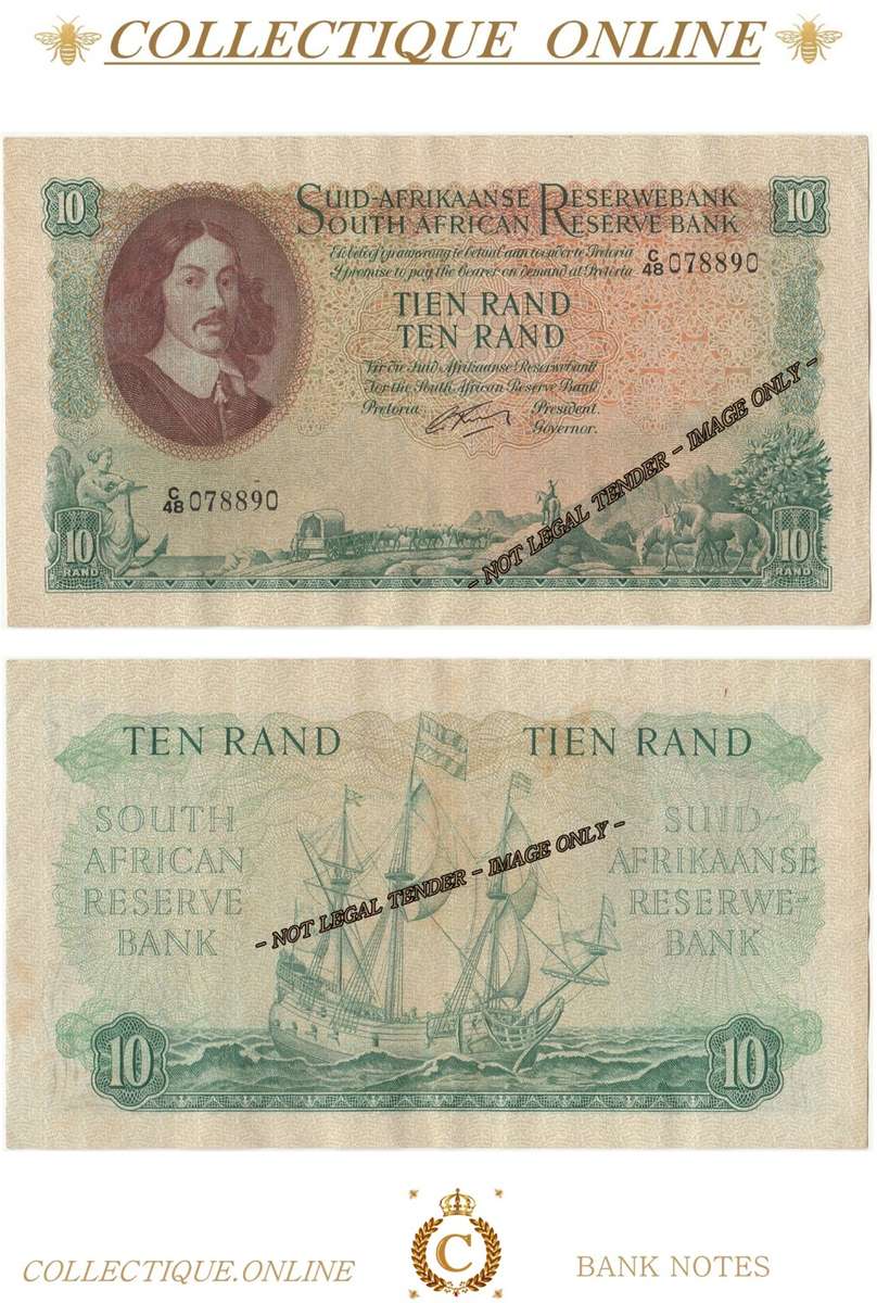 S. A. Bank Note : TIEN RAND/TEN RAND :  G. RISSIK : DATE 1962 : FIRST ISSUE.