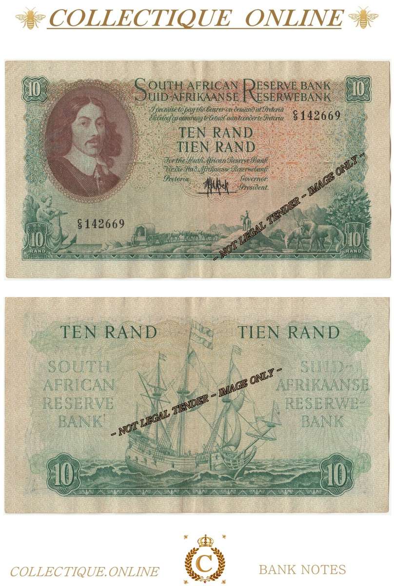 S. A. Bank Note : TEN RAND/TIEN RAND :  M. H. DE KOCK : DATE 1961 : ONLY ISSUE.