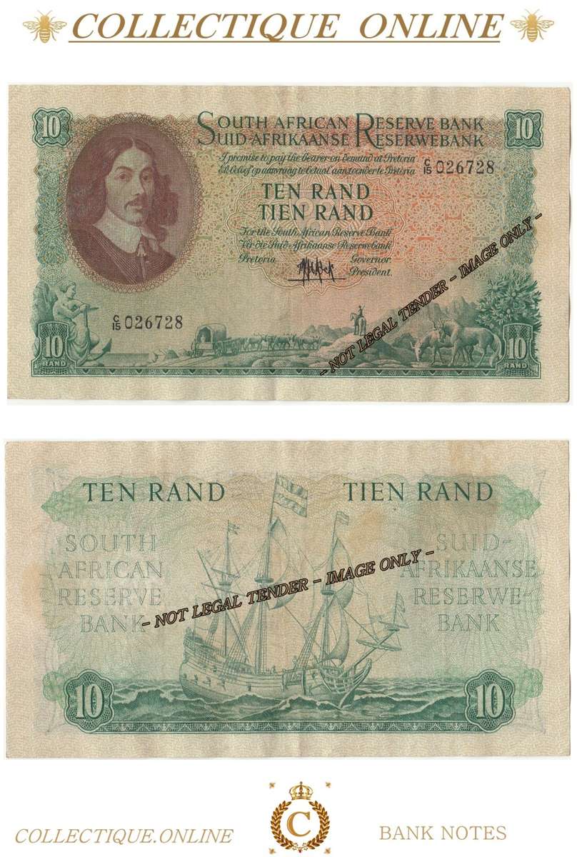 S. A. Bank Note : TEN RAND/TIEN RAND :  M. H. DE KOCK : DATE 1961 : ONLY ISSUE.
